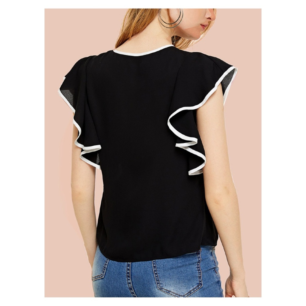 Black White Ruffle Trim Tie Neck Blouse - Picture 3 of 4